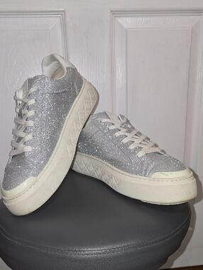 Tory Burch Ladybug 11 Silver Glitter Platform Sneakers Monogram Designer Shoes
